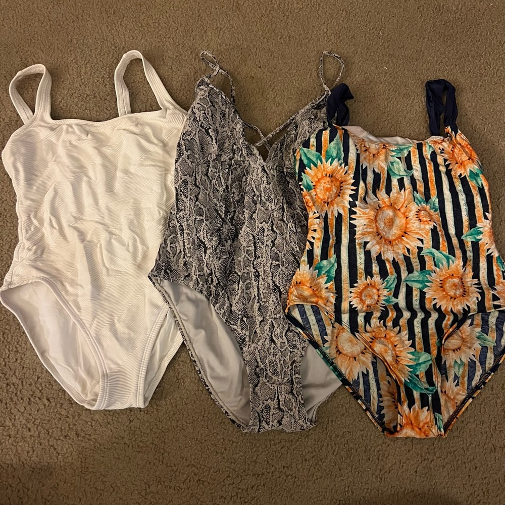 Women’s One Piece Swimsuit Set - White, Snakeskin, and Floral
